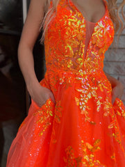 A-Line Orange V Neck Applique Short Homecoming Dress Formal Dresses