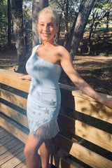 Sparkly Light Blue One Shoulder Stars Tight Short Homecoming Dress with Fringes