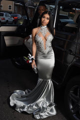 Silver Grey Mermaid Long Prom Dress Sexy Evening Dress Black Girl's Formal Gown