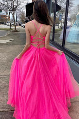 Hot Pink A-Line Tulle Long Prom Dress with Pockets