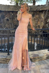 Pink Strapless Lace Long Prom Dress with Slit Formal Gown
