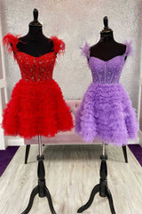 A Line Black Red Short Tiered Tulle Homecoming Dress with Feather