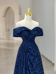 Royal Blue Sequins Long Prom Dress,Off the Shoulder Formal Evening Dresses