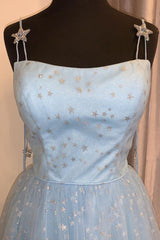 Elegant Spaghetti Straps A-Line Light Sky Blue Tulle Formal Dresses