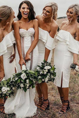 Off Shoulder Sheath Knee-Length White Bridesmaid Dress,Simple Wedding Guest Dresses