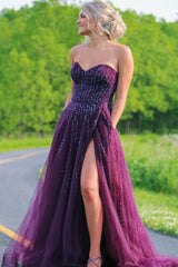 Sweetheart A-line Plum Beaded Tulle Long Prom Dress with Slit