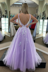 Lilac Tulle A-line V Neck Backless Applique Long Prom Dresses