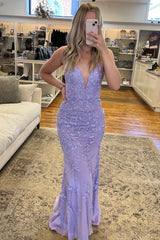 Lavender Appliques Plunge V Backless Mermaid Prom Gown Formal Dresses Long