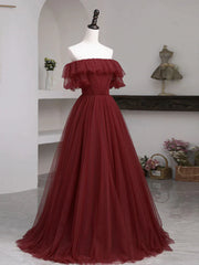 Simple A line Burgundy Tulle Long Prom Dress,Off the Shoulder Birthday Dresses