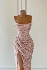 Gorgeous Light Pink Sequined Sleeveless Prom Dress With Slit