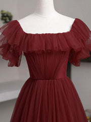 Simple A line Burgundy Tulle Long Prom Dress,Off the Shoulder Birthday Dresses
