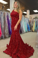 One-Shoulder Red Sequin Backless Mermaid Long Prom Dresses Plus Size