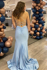 Light Blue V-Neck Lace Up Mermaid Long Prom Dress,Tight Formal Dresses
