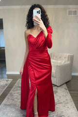 Asymmetrical Red One-Sleeve Mermaid Long Prom Dress with Slit