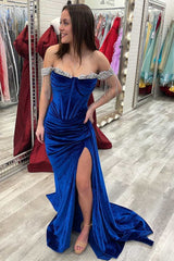 Royal Blue Velvet Rhinestones Mermaid Long Formal Dresses with Slit
