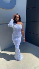 Sexy White Prom Dress Long One Sleeve Sequins Evening Dresses