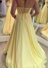 Simple Yellow Long Prom Dress with Pockets,Lace Up back Graduation Dresses