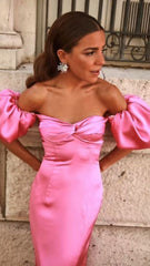 Long Satin Prom Dress with Puff Sleeves,Unique Evening Gowns
