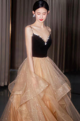 Stylish Velvet Tulle Long Prom Dress,A-Line Evening Dresses Back Open