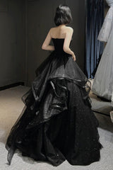 Black Tulle Long A-Line Prom Dress,Ball Dresses with Ruffles