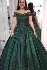 Princess Off-the-Shoulder Dark Green Wedding Prom Dress with Appliques