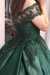 Princess Off-the-Shoulder Dark Green Wedding Prom Dress with Appliques