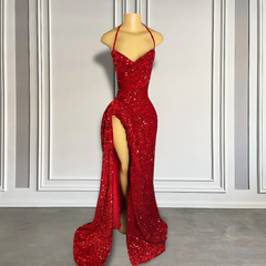 Sexy High Slit Halter Sleeveless Sparkly Red Sequined Long Prom Dresses for Black Girls