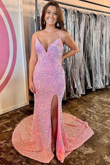 Iridescent Pink Sequin Mermaid Long Evening Dress with Slit,Hot Prom dresses
