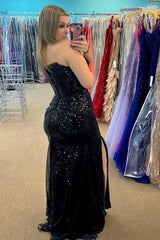 Stunning Sequins Royal Blue Mermaid Long Prom Dress with Slit,Black Holiday Party Dress