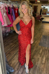 Red Sequin V-Neck Long Prom Dress with Slit,Sparkly Formal Evening Dresses