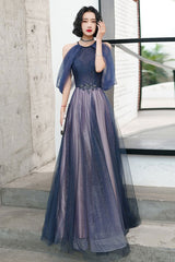 Navy Blue Tulle Long Prom Dress,Sparkly A Line Formal Dresses