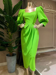 Simple Green Sheath Party Dress,Midi Formal Dresses with Sleeves