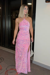 Pink Halter Sequin Straps Mermaid Long Prom Dress,Leg Split Womens Sequin Dresses