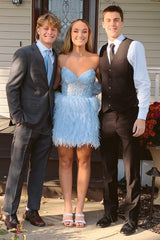 Bodycon Sweetheart Light Blue Short Homecoming Dress with Feathers