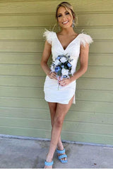 Light Blue Feather V-Neck Short Prom Dresses with Slit,Whiter Homecoming Dress
