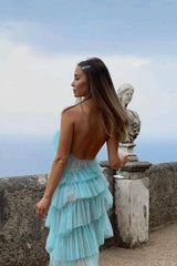 New Style Halter Ruffles Tulle Prom Dresses with Slit,Charming Long Party Dress