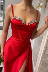 Red Prom Dress Spaghetti Strap Gown With Beading High Slit