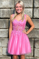 Hot Pink Sweetheart A-Line Semi Formal Dresses with Appliques