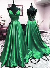 V Neck Green Backless A-line Satin Long Prom Dresses