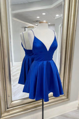 Blue V-Neck Satin Short Prom Dress,A-Line Cocktail Dresses Short Formal