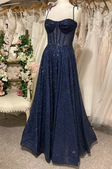 Sparkly Navy Blue Sequin Tie-Strap A-Line Prom Dresses Long