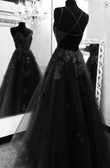 Black Tulle Open Back Prom Dress A-line Formal Dresses Long