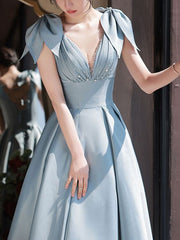Blue V Neck Satin Beads Long Prom Dress Bow on Shoulder