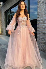 Pink Tulle Strapless Puff Sleeve A-Line Prom Dresses Gala Dress Formal