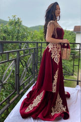 Wine Red Evening Dresses Long Gold Floral Appliques Velvet Split Formal Dress