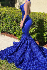 Long Royal Blue Mermaid Prom Dresses V Neck Open Backs