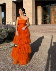 Orange Long Prom Dress,Tiered Tulle Formal Evening Dresses