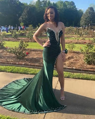 Green Velvet Prom Dresses African Mermaid Evening Dress With Slit