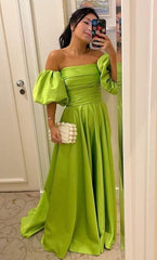 Sexy Off Shoulder Puff Sleeve Prom Gown,Green Satin Long Formal Evening Dresses
