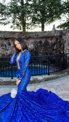 Royal Blue Mermaid Long Prom Dresses with Sleeves,Formal Dress with Sequins